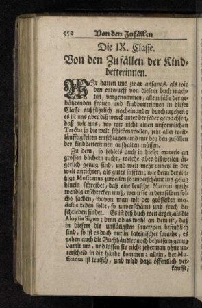 Die IX. Classe. Von den Zufällen der Kindbetterinnen.