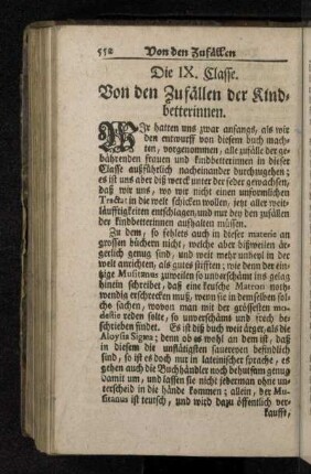 Die IX. Classe. Von den Zufällen der Kindbetterinnen.