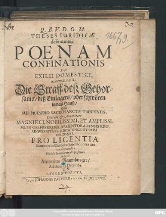 Theses Iuridicae delineantes Poenam Confinationis Sive Exilii Domestici, materna lingua