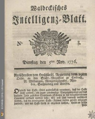 No. 3. Dienstag den 5ten Nov. 1776