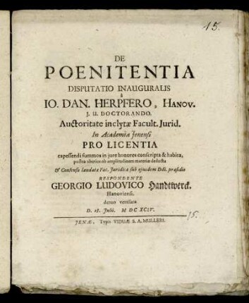 De Poenitentia : Disputatio Inauguralis