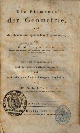Die Elemente der Geometrie und der ebenen und sphärischen Trigonometrie