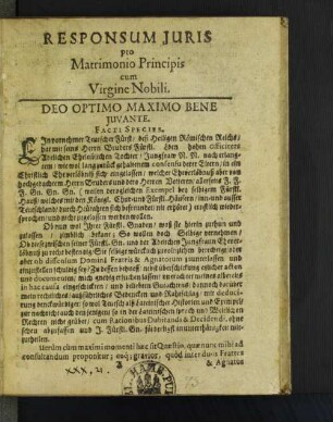 Responsum Juris pro Matrimonio Principis cum Virgine Nobili. [u. a.]