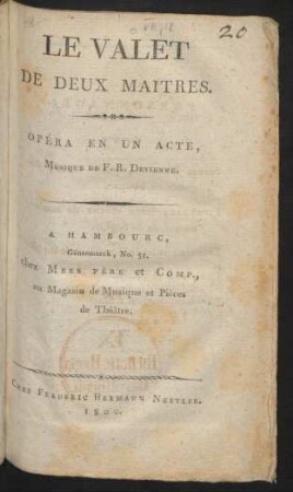 Le Valet De Deux Maitres : Opéra En Un Acte