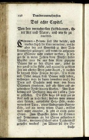 Das achte Capitel. Von den vornehmsten Lustbäumen, ihrer Art und Natur, und wie sie zu tractiren.