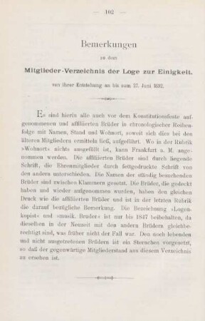 Bemerkungen zu dem Mitglieder-Verzeichnis der Loge zur Einigkeit.