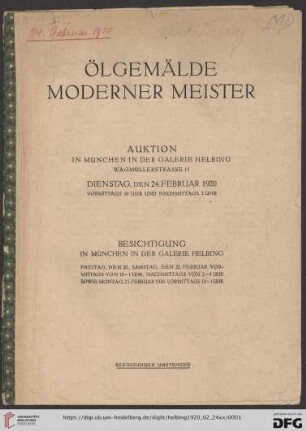 Ölgemälde moderner Meister : Auktion in München in der Galerie Helbing, Dienstag, den 24. Februar 1920