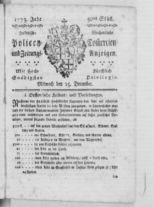 50tes Stück, Ausgabe vom 15. December 1773