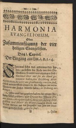 Harmonia Evangeliorum, Oder Zusammenfügung der vier heiligen Evangelisten. Das I. Cap. - Das X. Cap.
