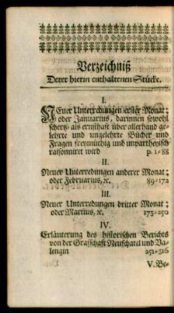 Verzeichniß Derer hierin enthaltenen Stücke.