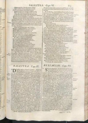Balestra. Capo VI. [Bersaglio. Capo VII., Bomba. Capo VIII., Clava. Capo IX., Elmo. Capo X., Faretra. Capo XI., Frombola. Capo XII., Asta, Lancia. Capo XIII., Insegna, Bandiera Capo XIV., Manoppola. Capo XV., Padiglione, Capo. XVI., Saeta, Freccia. Capo XVII., Scvdo Capo XVIII., Spada. Capo XIX., Trambvro Cap. XX., Tromba Cap. XXI.]