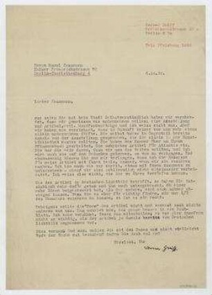 Brief von Werner Gräff an Raoul Hausmann. Berlin