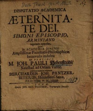 Disputatio Academica De Aeternitate Dei, Simoni Episcopio, Arminiano inprimis opposita
