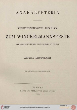 Band 64: Programm zum Winckelmannsfeste der Archäologischen Gesellschaft zu Berlin: Anakalypteria