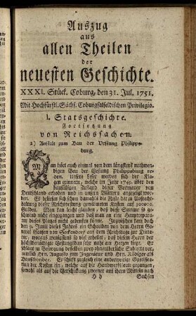 XXXI. Stück. Coburg, den 31. Jul. 1751.