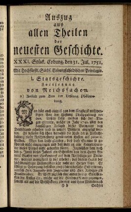 XXXI. Stück. Coburg, den 31. Jul. 1751.