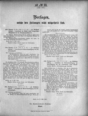 Anlage: ad No.33 (449-452), Vorlagen, welche den Zeitungen nicht mitgeteilt sind