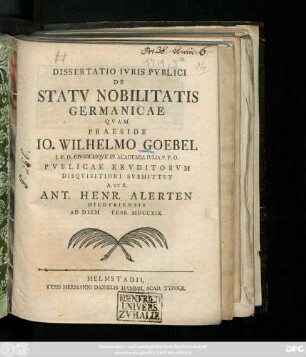 Dissertatio Ivris Pvblici De Statv Nobilitatis Germanicae