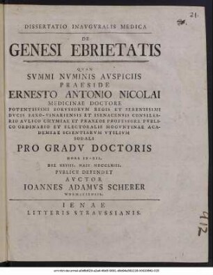 Dissertatio Inauguralis Medica De Genesi Ebrietatis