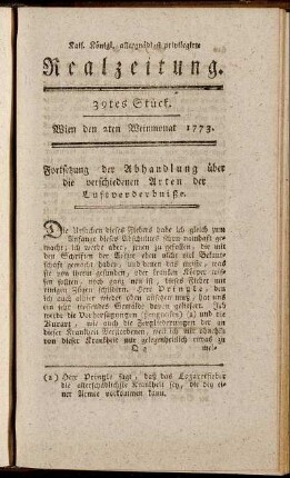 39tes Stück. Wien den 2ten Weinmonat 1773.