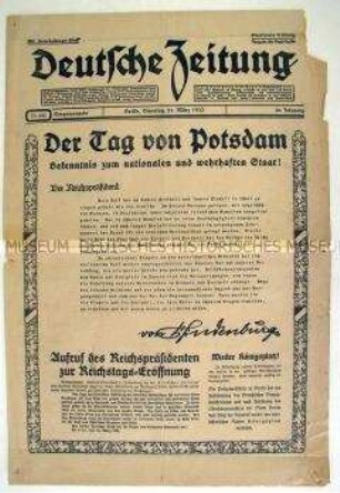 Konservative Tageszeitung "Deutsche Zeitung" zum "Tag von Potsdam"
