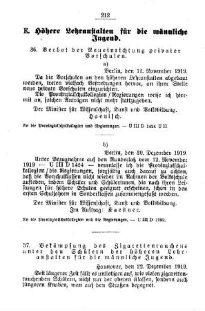 Bekämpfung des Zigarettenrauchens unter den Schülern der höheren Lehranstalten für die männliche Jugend : [E. Höhere Lehranstalten für die männliche Jugend]
