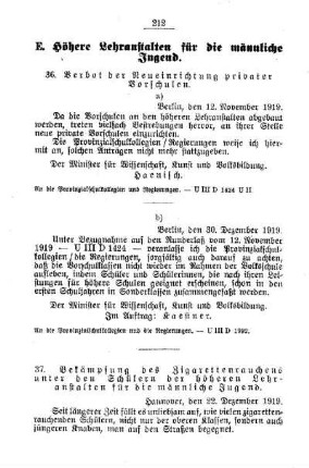 Bekämpfung des Zigarettenrauchens unter den Schülern der höheren Lehranstalten für die männliche Jugend : [E. Höhere Lehranstalten für die männliche Jugend]
