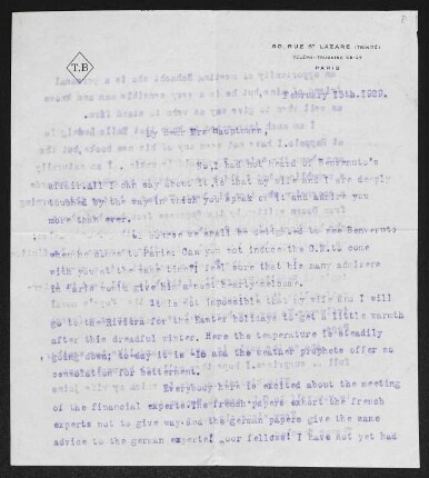 Brief von Thomas Barclay an Margarete Hauptmann