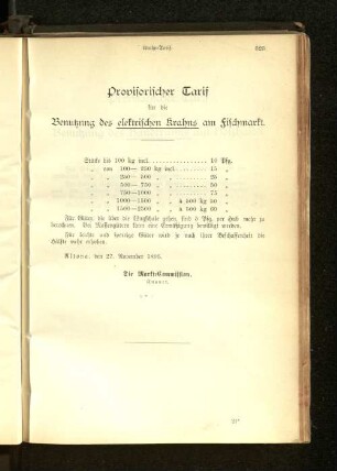 Provisorischer Tarif für die Benutzung des elektrischen Krahns am Fischmarkt.