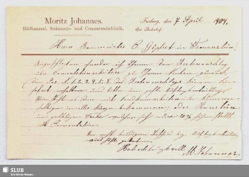 Moritz Johannes, Bildhauerei, Steinmetz- und Cementsteinfabrik, Freiberg : Mitteilung