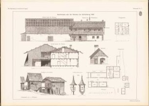 Bauernhaus, Schladming: Lageplan, Grundriss, Perspektivische Ansichten, Ansicht Scheune, Backofen (aus: Das Bauernhaus in Österreich-Ungarn, hrsg.v. Ingenieur- und Architektenverein, 1906)