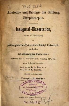Anatomie und Biologie der Gattung Streptocarpus : Inaugural-Dissertation