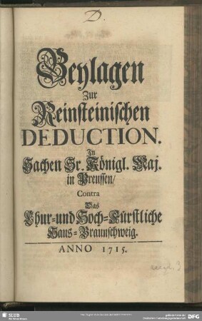 Beylagen Zur Reinsteinischen Deduction ...