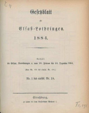 1884: Gesetzblatt für Elsaß-Lothringen