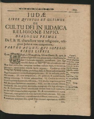 Judae Liber Quintus Et Ultimus. De Cultu Dei In Judaica Religione Impio. Dialogus Primus. De I. & II. charactere verae religionis ...