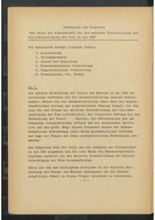 Konzeption zum Symposium "Die Rolle der Wissenschaft bei der weiteren Verwirklichung der Gleichberechtigung der Frau in der DDR"