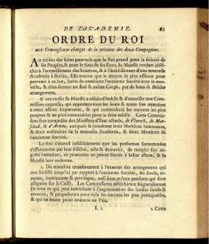 Ordre Du Roi aux Commissaires chargés de la réunion des deux Compagnies.