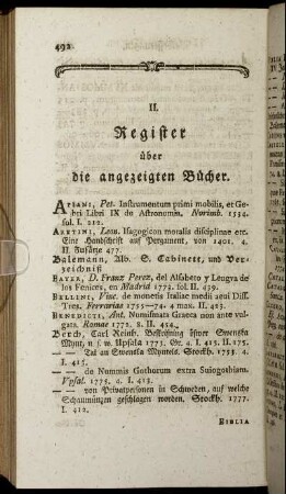 Register über die angezeigten Bücher