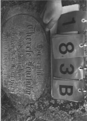 Grabstein 183 (Index: 100009070) Zustand: weit eingesunken, unten abgebröckelt Maße HxBxT: 49x52x11 cm: Grabstein 183B