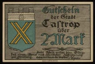 Gutschein der Stadt Castrop über 2 Mark