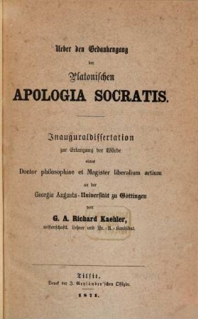 Über den Gedankengang der platonischen Apologia Socratis