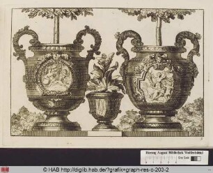 Entwürfe für zwei Cachepots und einen Blumentopf, einer Szene Venus und Amor sowie Fortuna mit einer Amorette.