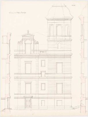 Schloss Queitsch Umbau und Ausbau: Aufriss Turmnordseite (Teilansicht), 2 Schnitte, Maßstabsleiste