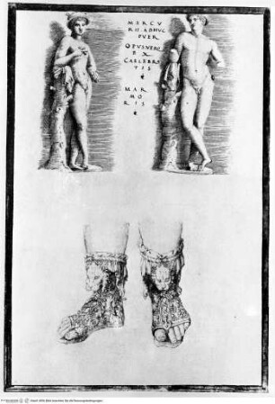 Desenhos das antigualhasStatue des Merkur mit Petasos; römisches Schuhwerk - Os desenhos das antigualhas que vio Francisco d'Ollanda, pintor portugués (... 1539 - 1540 ...) / (Ministerio de Asuntos Exteriores Relaciones Culturales). Publicalos, con notas de estudio y preliminares el Prof. E. Tormo. - Madrid, 1940. - 257 S., 54 Bl. : Ill. : 4. -Reproducción facsimil del codice de Francisco d'Ollanda que se custodia en la Biblioteca del Escorial