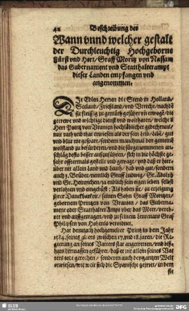 Wann unnd welcher gestalt der Durchleuchtig Hochgeborne Fürst und Herr, Graff Moritz von Nassaw das Gubernament und Statthalterampt dieser Landen empfangen und angenommen