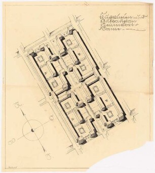 Fluchtlinien- und Aufbauplan Monatskonkurrenz Februar 1929: Lageplan mit isometrischer Darstellung der Häuserblöcke