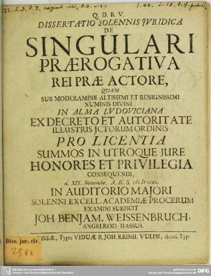 Dissertatio Solennis Juridica De Singulari Praerogativa Rei Prae Actore