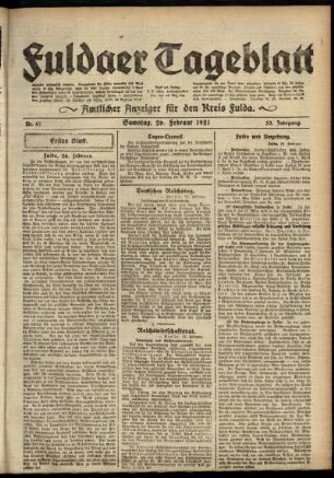 Erste Ausgabe vom Samstag, den 26. Februar 1921.
