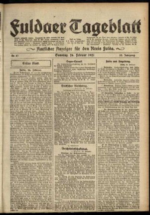 Erste Ausgabe vom Samstag, den 26. Februar 1921.