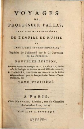 Voyages du Professeur Pallas, dans plusieurs provinces de l'Empire de Russie et dans l'Asie septentrionale, 3